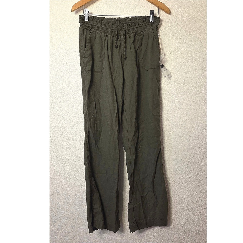 NWT Granola Minimalist Utility Olive Green Linen Blend Smocked Wide Leg Pant Lrg